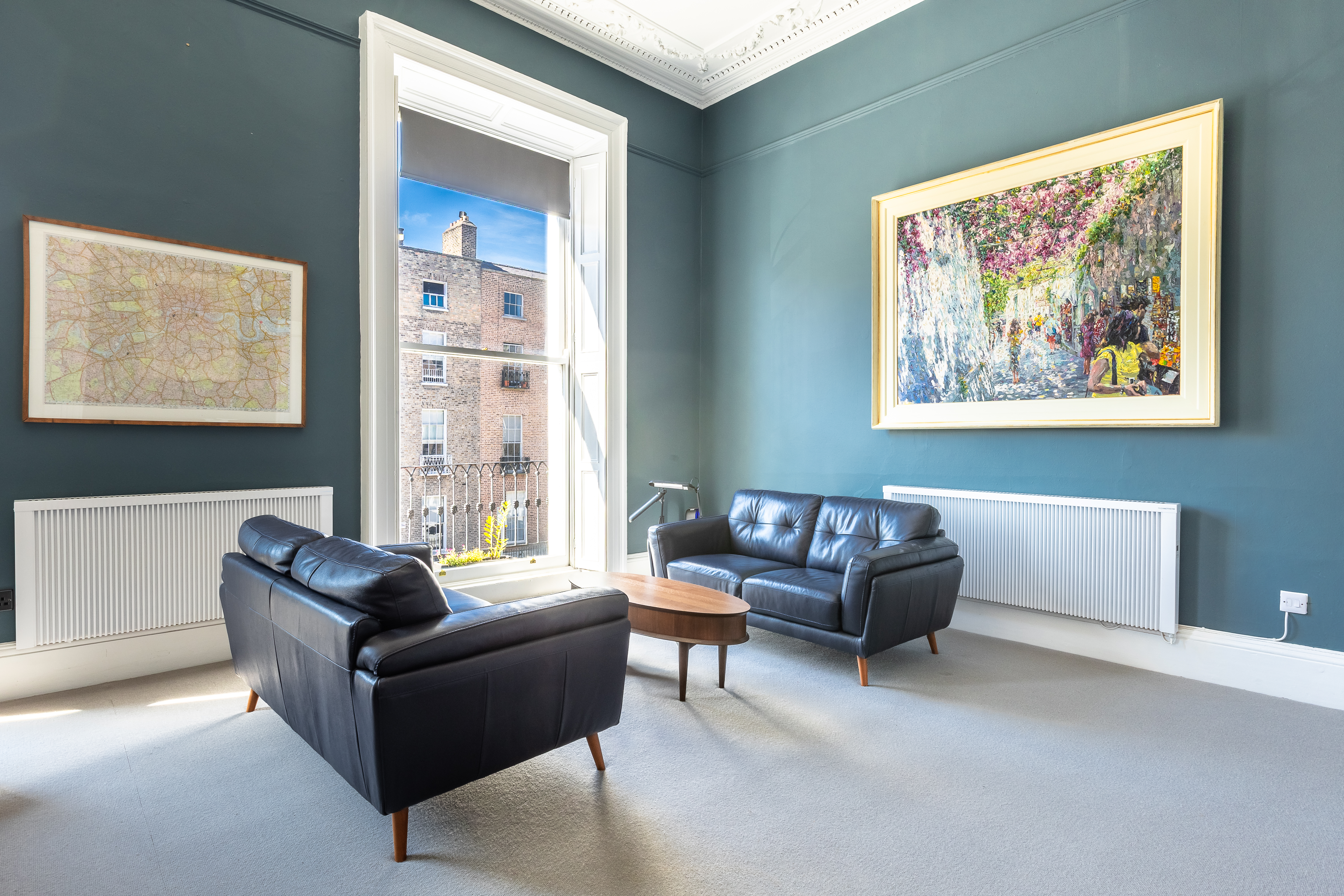 1 Fitzwilliam Square — lounge suite with Georgian window and original artwork